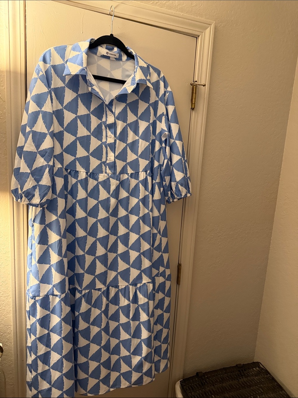 Blue & White Geometric tiered Maxi Dress with Collar and 3/4 sleeves Never worn - Picture 1 of 3